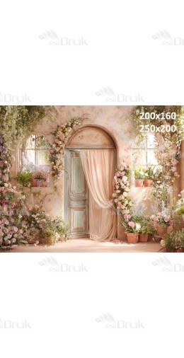 Tło fotograficzne „Romantyczne wnętrze z miętowymi drzwiami i kwiatową aranżacją” | E686